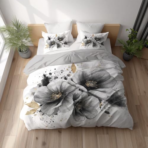 Orientalisch Tuschemalerei Abstrakt Raffiniert 2 - teilig Wende bettwäsche Premium Qualitãt Weich Weiß Grau Aus Mikrofase - Deckenbezug(135 x 200) Mit Reißverschluss - Kuschelig Weich & Bügelfrei