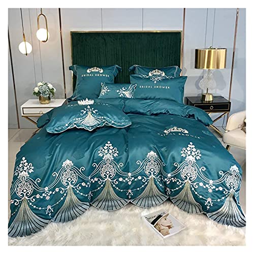 4-teiliges Bettlaken-Set, Bettbezug-Sets aus ägyptischer Baumwolle, 4-teiliges Besticktes Baumwoll-Satin-Seiden-Set mit Kissenbezügen, Queen-Size-Luxus-Set /193 (Color : Dark Green, Size : Queen)