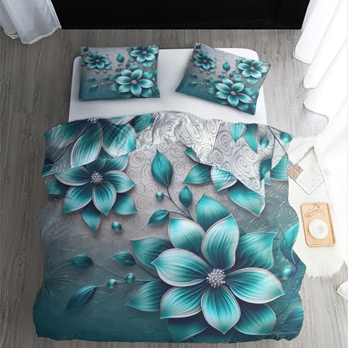 ZDABAOEC Bettwäsche 135x200 2er Set, Türkis Blumen Wendebettwäsche, Weiche Kuschelige Microfaser Bettbezug und 1 Kopfkissenbezug 80x80, mit Reißverschluss