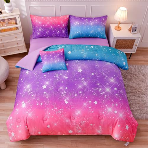 GRAT TIOC 6-teiliges Bettwäsche-Set für Mädchen, Glitzer-Galaxie-Regenboge n-Bettwäsche-Set in einer Tasche (1 Steppdecke, 1 Bettlaken, 1 Spannbetttuch, 2 Kissenbezüge und 1 Kissenbezug)