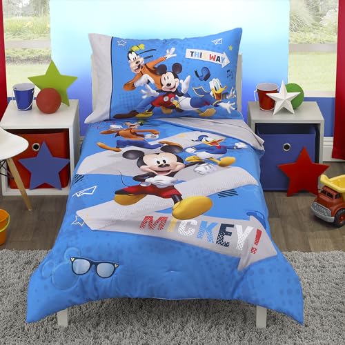 Disney Mickey Mouse and Pals 4-teiliges Kleinkind-Bettwäsche-Set – Spannbetttuch, Kissenbezug, Bettlaken und Steppdecke – Blau