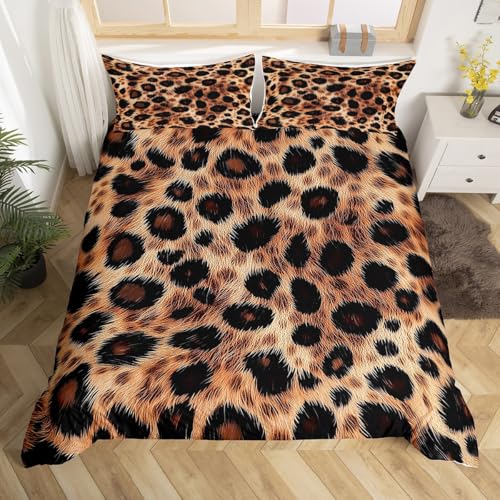 Homemissing Braun Leopard Druck Bettwäsche Set 155x220cm Gepard Betten Set für Kinder Jungen Mädchen Dekor Safari Wildtier Pelz Druck Jagd Bettbezug Set weiche Schlafzimmer Dekor 2 Stück