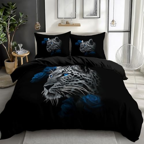 CozyRest Wendebettwäsche Tierwelt - 3-teiliges Bettwäsche Set 200 x 200 cm + 2 Kissenbezüge 80x80 cm - Weich & Atmungsaktiv - Blaue Rose Tierleopard Dunkle Fantasie für Schlafzimmer Gästezimmer
