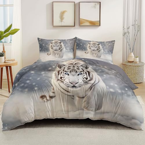 Bettwäsche 135 x 200cm Grau Weich Mikrofaser Bettbezug Set mit Reißverschluss für Jungen Mädchen Erwachsene Bett Tiere Weißer Tiger Nahaufnahme Druck Bettbezug