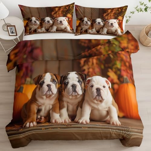 Bettwäsche 155x200 Mops Bettwäsche-Sets 155 x 200 3 Teilig 3D Herbsttiere Bettbezüg Weich Mikrofaser Bettbezug mit Reißverschlus und 2 Kissenbezug 80x80cm b_1516