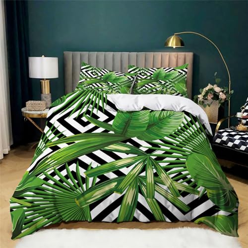 BanbE Bettwäsche-Sets Grüne Bananenblätter 135x200 cm Bettwäsche Weiche Mikrofaser 3 Teilig Bettbezug mit Reißverschluss für Allergiker geeignet, mit 2 Kissenbezüge 80x80 cm
