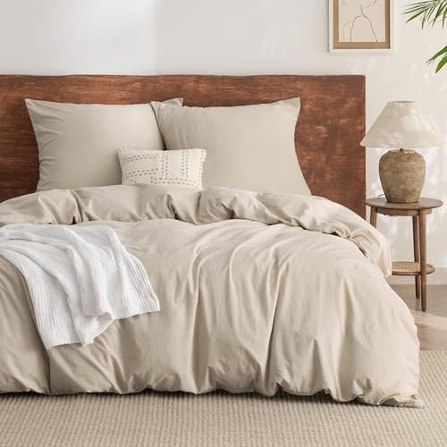 BEDSURE Bettwäsche 200x220 Baumwolle 3teilig - Bettwäsche-Sets Beige Bettbezug mit 2 Kissenbezüge 80x80 cm, Ähnliche Textur wie Washed Leinen, Oeko-TEX Bedding Set mit Reißverschluss