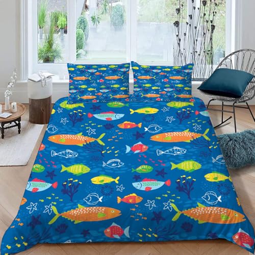 MOXINO 3D Maritim Bettwäsche 155x220 cm 3teilig Fisch Bettwäsche für Teenager Leicht Mikrofaser Bettbezug Sommer Weiche Bettbezüge mit 2 Kissenbezüge 50x75?Muster 113-12?
