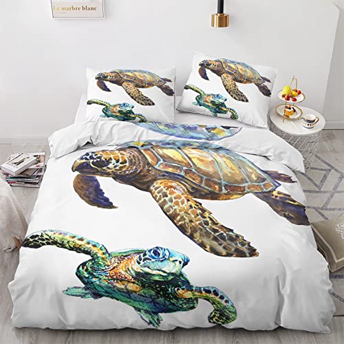 VOSILE Meeresschildkröte Bettwäsche 155x220, Maritimes Thema Muster - Weiche Microfaser Bettwäsche-Sets 2 Teilig - 1 Bettbezug mit Reißverschluss + 1 Kissenbezug 80x80 cm