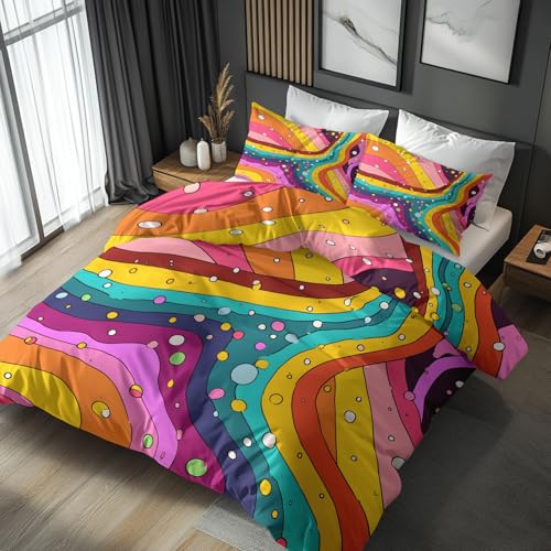 Retro Feinbiber Bettwäsche 200x220 Bügelfreie - Bunt Punkte Muster, Renforce Wendebettwäsche Bettbezug 3-teilig Set Cozy Mikrofaser Mit Reißverschluss, 2 Kissenbezug, Geschenk Retro Feinbiber LS3353