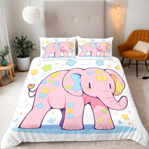 Pink Elefanten, Tiere Bettwäsche 200X200Cm Kinder Junge Mädchen 3D Effekt Bettbezug Jugendliche Bettwäsche-Set Mikrofaser Bettbezug Mit Reißverschluss Und 2 Kissenbezug 80X80Cm