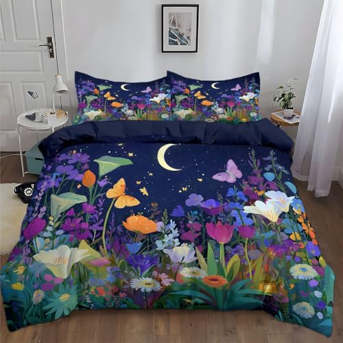 Cartoon Thema Schmetterlinge Und Blumen Bettwäsche 2teilig - Dunkelblau Weich & Bügelfrei Bettbezüge - Bettbezug Set Mit Kissenbezüge Für Jungen Mädchen Mikrofaser Bettdeckenbezug Single (135x200cm)