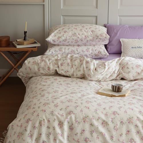 LifeTB Bettwäsche-Set für Doppelbett, 100 % Baumwolle, Cottagecore-Bettwäsche-S et, 3-teilig, botanisches Blumenmuster, Bettbezug mit Reißverschluss, Vintage-Stil, Landhaus-Bettwäsche, niedliches