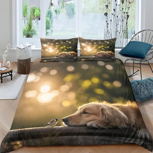 Bettwäsche 155x200 Golden Retriever Bettwäsche Sets Vögel Bettenset 3D Druck Weich Microfaser Bettdeckenbezug mit Reißveschluss und 2 Kissenbezug für Jungen Mädchen J.165