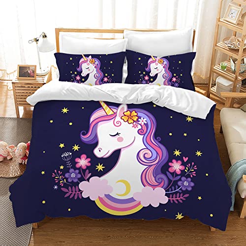 PQCXXA Kinder Einhorn Bettwäsche Mädchen-Bettwäsche Set Rosa 3D Cartoon Einhorn Bunt Blume drucken Bettbezug Set mit Reißverschluss und Kissenbezug 50x75cm (200x200 cm, G)
