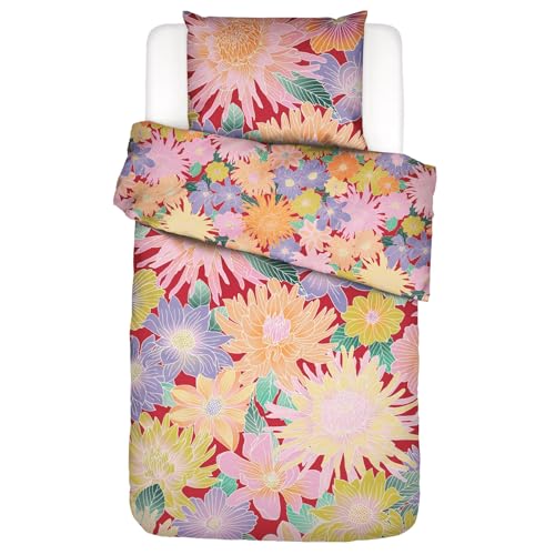 ESSENZA Bettwäsche Flower Fling Happy Red Rot Blumen Blüten Dahlien Bunt Wendesign Baumwolle Perkal, Größe:135 cm x 200 cm