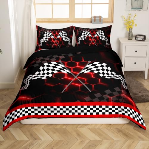Loussiesd Bettwäsche-Set mit Wabenmuster, Doppelbettgröße, für Kinder, Erwachsene, Jungen, Teenager, geometrisch, sechseckig, schwarz-weiß, kariert, mit 2 Kissenbezügen, Rot