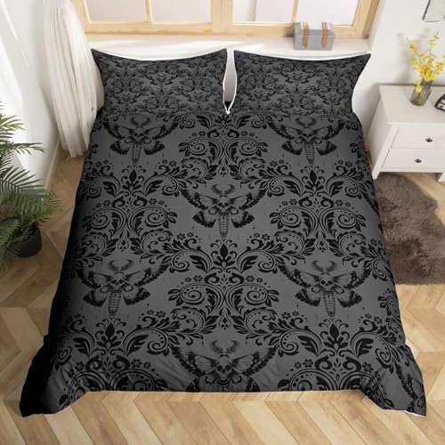 Homemissing Erwachsene Gothic Bettwäsche Set 135x200cm Schwarz Damast Bettwäsche Tod Motte Böhmen Boho Bettbezug Set Gothic Schädel Bettwäsche-Set Vintage Viktorianische Barock Floral Bettwäsche