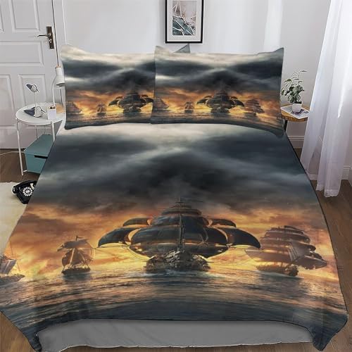 ABASWSA Totenkopf Pirate Ship Bettwäsche 2teilig - Weich Bettbezüge Bettbezug Set Mit Kissenbezüge Für Jungen Mädchen Mikrofaser Bettdeckenbezug Single(135x200cm)