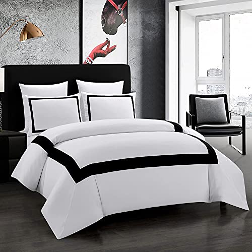 OSVINO Bettwäsche 135x200 cm mit 1 Kissenbezug 50x75 cm Weiß und Schwarz Hotel Bettwäsche Streifenrahmen Bettwäsche-Sets Mikrofaser Bettbezug für Hotels Familien