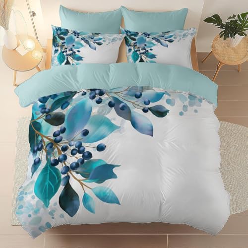 Bettwäsche 240 x 220 cm Weich Bettwäsche Set, Aquarell Blätter Blaubeeren elegant Druckdesign, Atmungsaktiv Maschinenwaschbar Mikrofaser Hellblau Bettbezüge, mit Reißverschluss und 2 Kissenbezüge