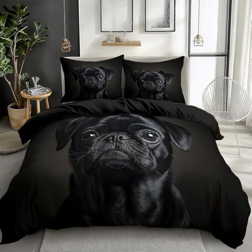 Quixora Bettwäsche Set Schwarz 135 x 200 cm Tier Schwarzer Mops Muster Microfaser Einzelbett Wendebettwäsche Bettbezug mit Reißverschluss 3 Teilig Weiche Bettwäsche + Kissenbezüge 80x80 cm