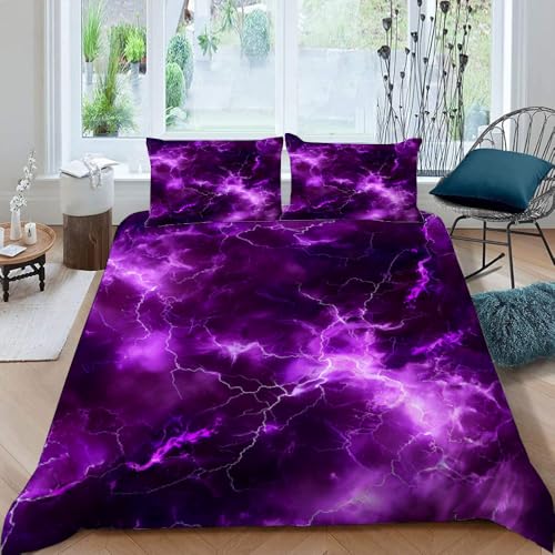 SANSJI Bettwäsche-Set für Doppelbett, violettes Lightning-Mikrofaser-Bett wäsche-Set mit 2 Kissenbezügen, modern, luxuriös, atmungsaktiv, Steppdeckenbezug, kosmischer Nebel, für alle Jahreszeiten,