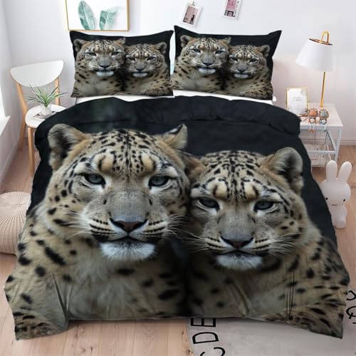 Gumntun Bettwäsche 155×220 cm Grauer Leopard für Erwachsene, 3D Flauschige Microfaser Bettbezug Sets, 3 Teilig Bettwäsche-Set mit Reißverschluss für Zimmer Dekor, Geschenk