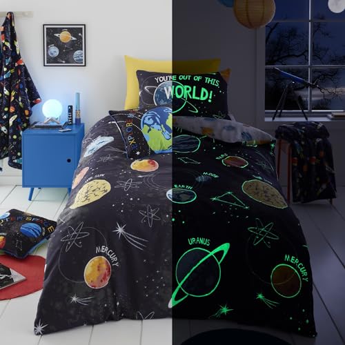 Bedlam - Im Dunkeln leuchtender Bettbezug – Einzelbettgröße (200 x 140 cm) – wendbar (2 Designs) – Galaxie- und Planeten-Bettwäsche für Jungen – Sonnensystem-Universum-Be ttbezug – Weltraum-Bettwäsche