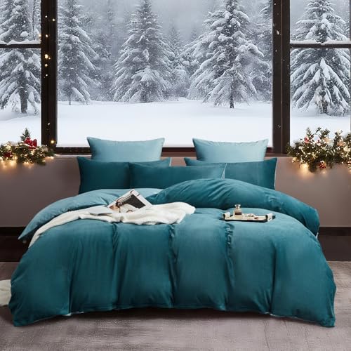 YASMENG Flanell Bettwäsche 200x220 Winter Petrol Hellblau Warm Kuschelig Flanell Bettwäsche Winter Flauschig Plüsch Samt Fleece Wendebettwäsche 3 Teilig mit Reißverschluss und 2 Kissenbezüge 80x80 cm