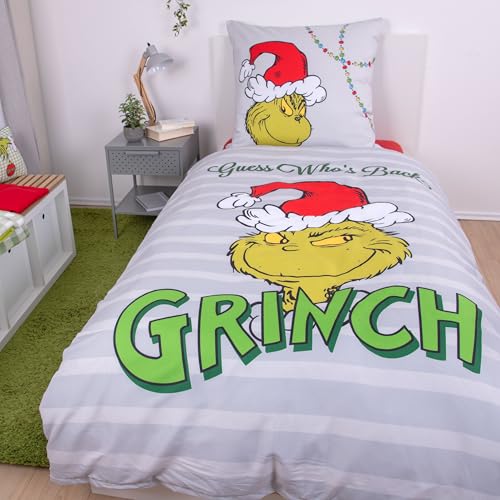 Grinch Bettwäsche Set 2-teilig - Deckenbezug 135x200 Kissenbezug 80x80 cm mit Reißverschluss - Weihnachtsbettwäsche Mikrofaser, atmungsaktiv, Öko-Tex zertifiziert - Geschenk Idee zu Weihnachten
