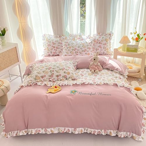 GETIYA Damen Mädchen Bettwäsche 135x200 Rosa Blumen Bettwäsche Mikrofaser Romantisch Rüschen Bettwäsche Floral Blumen Muster Bettbezug Einzelbett Rosa Bettwaren-Set mit 1 Kissenbezug 80x80