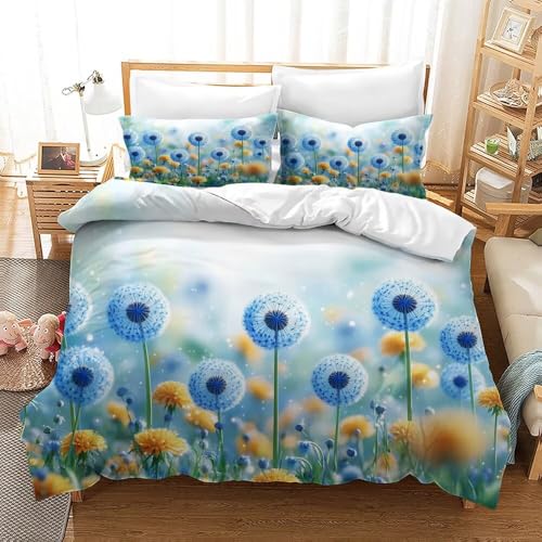 LUYAPOND Blaue Pusteblume Bettwäsche 155x220 Blumenszene Bettwäsche Set, Mikrofaser Bettbezüge mit Reißverschluss, 1 Bettbezug 155x220 cm + 2 Kissenbezug 80x80 cm