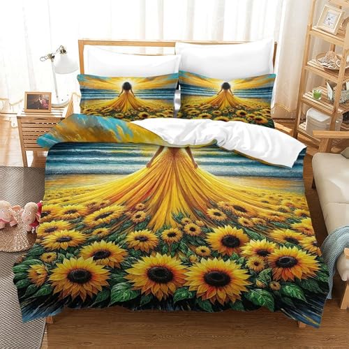 XPZABCDEG Sonnenblumen 3D Bettwäsche Set Für Teens Zimmer Weiche Mikrofaser Sonnenblumenfeld & Landhaus 3 Stück Bettdecke Mit Kissendecken Schlafzimmer Dekor Single (135x200cm)