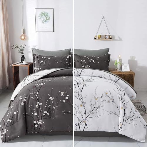 Freyamy Blumen Bettwäsche 200x200cm 3teilig Grau Anthrazit Pflaumenblüten Zweig Bettwaren-Sets 100% Microfaser Weiche Bettwäsche Mädchen Bettbezug mit Reißverschluss und 2 Kissenbezug 80x80cm