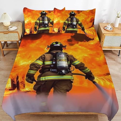 Bettwäsche 155x200 Feuerwehr Bettwäsche-Sets Atmungsaktive Angenehme Bügelfrei Microfaser 3D Bettbezug Flammen mit Reißverschluss und 2 Kissenbezüge b.3051