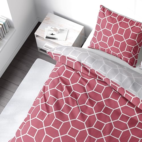 LINKHOFF Biber Bettwäsche 135x200 2teilig - Winterbettwäsche Beere Grau - 100% Baumwolle - Geometrisches Muster Hexagon - 135x200 + 80x80cm