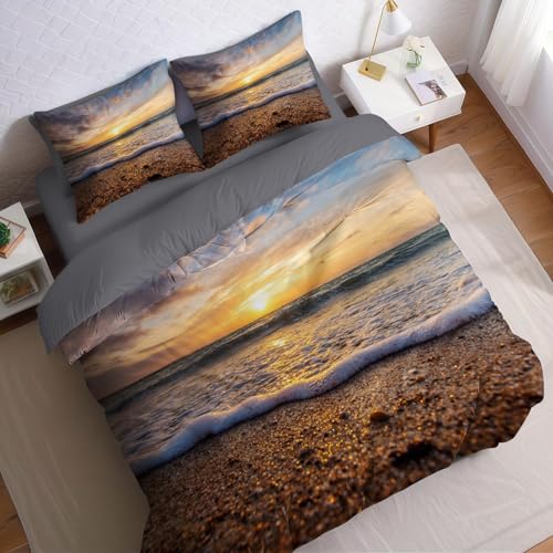 Gold Bettwäsche Set 200x220 cm Sonnenaufgang am Ocean Beach 3 teilig Mikrofaser Bettbezug weich mit Reißverschluss inklusive 2 Kissenbezüge für Jugendliche Mädchen Jungen Doppelbett