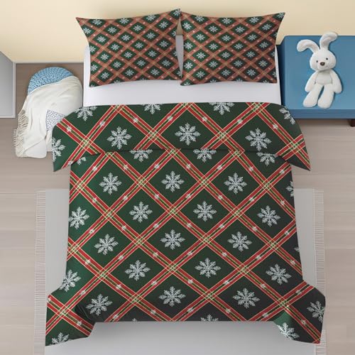 Generisch Schneeflocke Bettwäsche 140x200, Rot Grün Kariert Muster Bettwäsche Sets Mikrofaser Bettbezug 2 Teilige mit Reißverschluss, Weihnachten Weiche Deckenbezug mit 1 Kissenbezug 70x90 u1