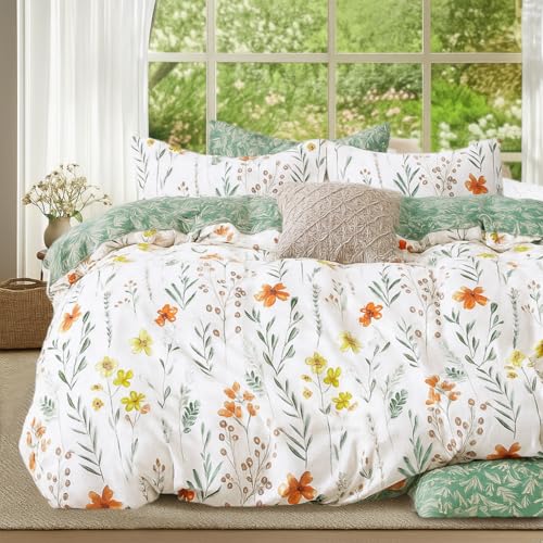 Lanqinglv Bettwäsche 200x220cm Grün Weiß Blätter Blumen Muster Pflanzen Wende Bettwäsche Set Bunt Microfaser Renforce Bettbezug mit Reißverschluss und 2 Kissenbezug 80x80 cm
