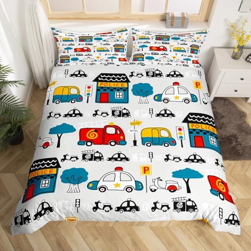 Manfei Polizei Auto Feuerwehr LKW Bettbezug Set L Größe,Kinder Cartoon BAU Auto Bettwäsche Set,Transport Ampel Stadt Straße Tröster Abdeckung Jungen Teens Zimmer Dekor,Weiß Grau Blau Quilt Cover