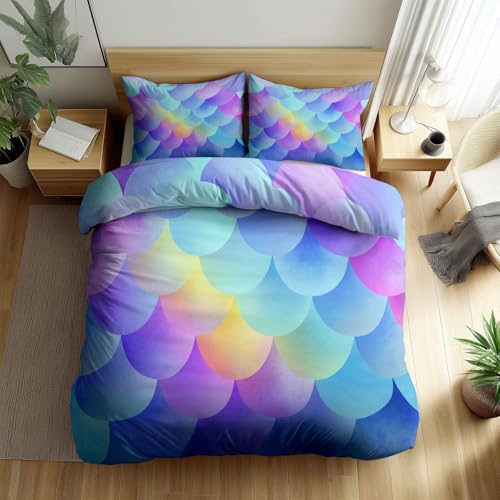 Generisch Bettwäsche Set Traum Stil Bettbezug 135 x 200 cm, Bunte Fischschuppen Digitaldruck Bettwäsche-Sets - Weiche Atmungsaktiv Allergiker Bettbezug mit Reißverschluss und Kissenbezüge