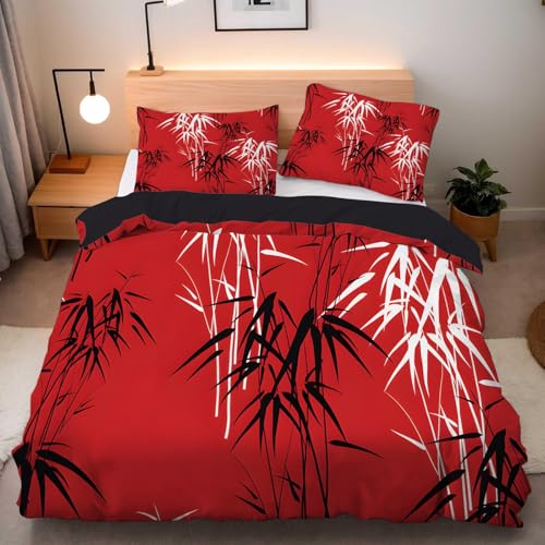 PNHCL Bettwäsche 220x240 cm Orientalischer Stil – Bettwäsche-Sets 3 teilig, Weich & Atmungsaktive Mikrofaser Wendebettwäsche Bambuspflanze Bettbezug mit Reißverschluss und 2 Kissenbezug 80x80 D-16