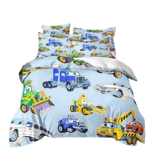 RZPFQB Fahrzeuge LKW Auto Kinder Bettwäsche 135x200 Bettwäsche Set Kinderbettwäsche Cartoon BAU LKW Traktor Bettbezug Set Karikatur Bagger Kran Zugmaschine Dekor Microfaser Bettwäscheset