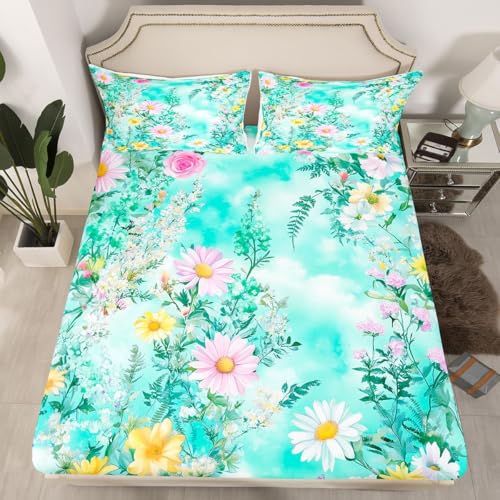 feelingyou Daisy Blumen Einbaublech S Größe Aquarell Schöne Blumen Bettdeckung, 1 Kissenbezug Grüne Pflanze Türkis Krawatte Farbstoff Bettwäsche Set für Jungen