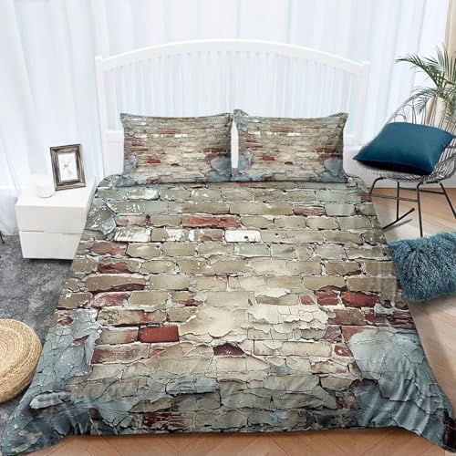 Bettwäsche 135x200 Alte Backsteinmauer Kuschelig Weiche Mikrofaser Bettwäsche-Sets Landhausstil Bettbezug 135 x 200 3D Effekt Bettbezüge mit Reißverschluss und 2 Kissenbezüge 80x80 cm B-492