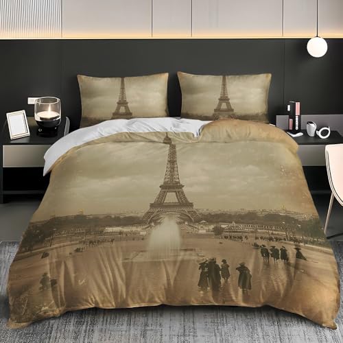 Mikrofaser Bettbezug Weich Atmungsaktiv Bettwäsche-Sets 180x200 cm Vintage Braun Bettbezüge mit Reißverschluss Waschbar Farbecht Vintage-Eisenturm-Foto Bettwäsche Set für Kinder Erwachsene