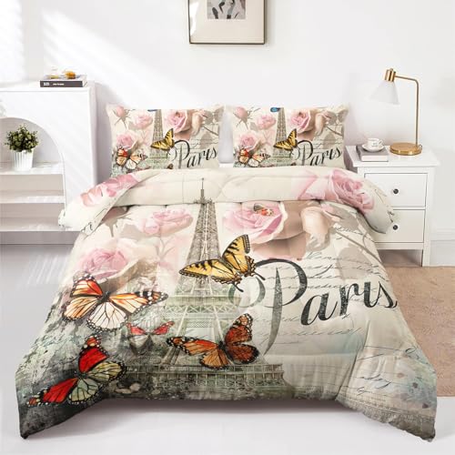 HOTRCR 3-teiliges Eiffelturm-Bettwäsche-Se t mit Schmetterlingen, Paris-Bettwäsche-Set für Mädchen und Erwachsene, Schlafzimmer- oder Raumdekoration, Ganzjahresdecke, Mikrofaser-Steppdecke mit 2