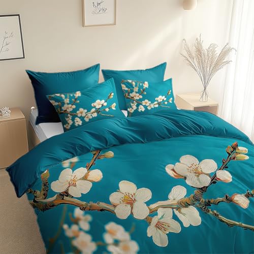 Generisch Bettbezug Ölgemälde Kunstzweig Blume Bedrucktes 3-teiliges Bettwäsche-Set 135 x 200 cm, Bettbezug mit Reissverschluss, für Kinder und Erwachsene Türkis Bequem und Atmungsaktiv Bettbezüge