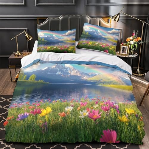 GKWEQPQWK Regenbogenberg-Blick 3D-Bedruckt 3er-Set Kuschelbezug Naturlandschaftsstil Bettbezug Mikrofaser Atmungsaktiv Reißverschluss für Kleinkinder Jungen Männer Single (135x200cm)